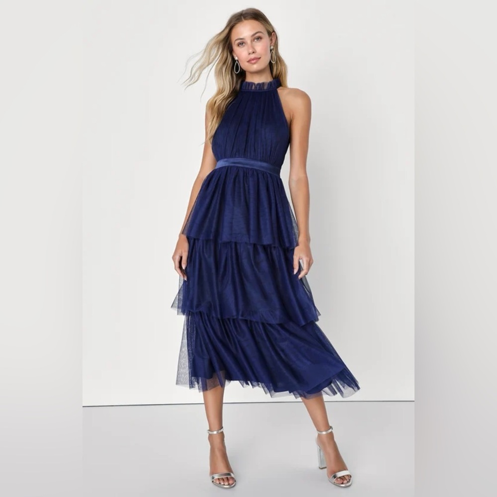 Effortlessly Adorable Navy Blue Tulle Tiered Midi Dress
